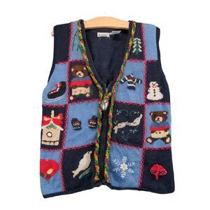 Capacity Womens Full Zip Christmas Sweater Cardigan Size M Blue Bulbs